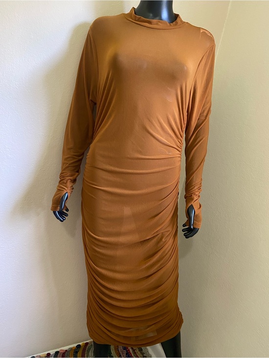 Fashion Nova Dresses & Skirts - Fashion Nova Free Bird Tan Brown Sheer Long Sleeve Ruched Midi Dress NWTs